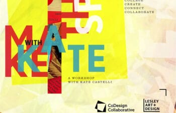 collaged text presenting a workshop with Kate Castelli at Lesley University, co-hosted by CoDesign Collaborative